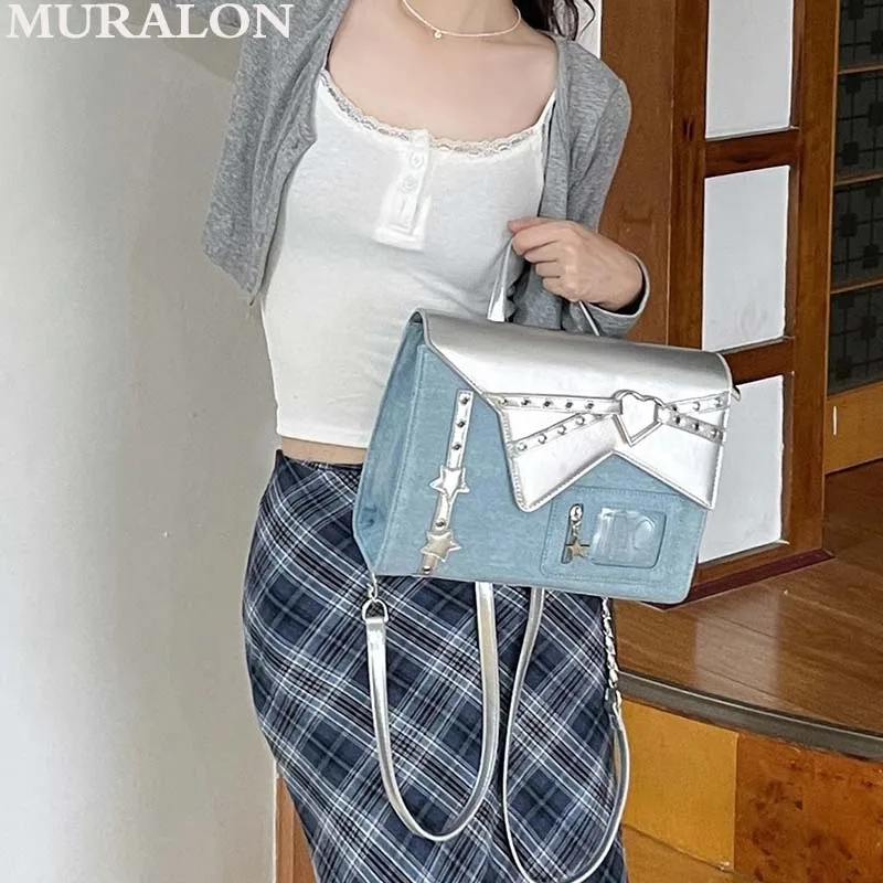 Autumn New Denim Patchwork Silver Glossy Transparent Double Shoulder Bag Fashion Cute Briefcase Backpack