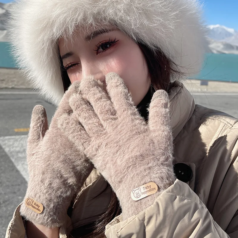 Guantes gruesos y cálidos de terciopelo para mujer, alta elasticidad, felpa suave y agradable para la piel, color sólido, tejido a prueba de viento para estudiantes, Otoño e Invierno