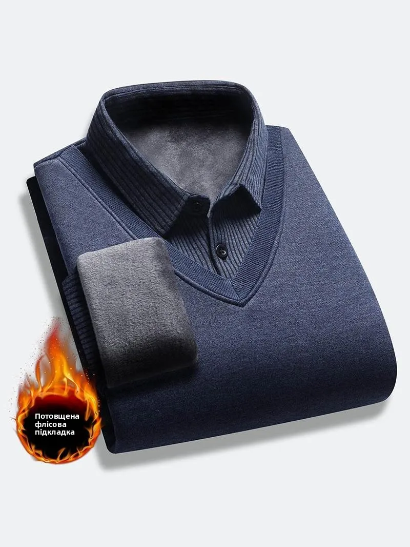 Men's Winter Thiened Fce Lined Long Sve irt Collar Knitted Sweater Base Layer Warm Dad Clothes Casual Loose Fit