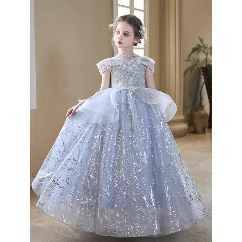 Flower Girl Wedding Party Dresses Girls Princess Dress New Trousers Gray Round Neck Gowns Shoulder Prom Birthday Gown Customized