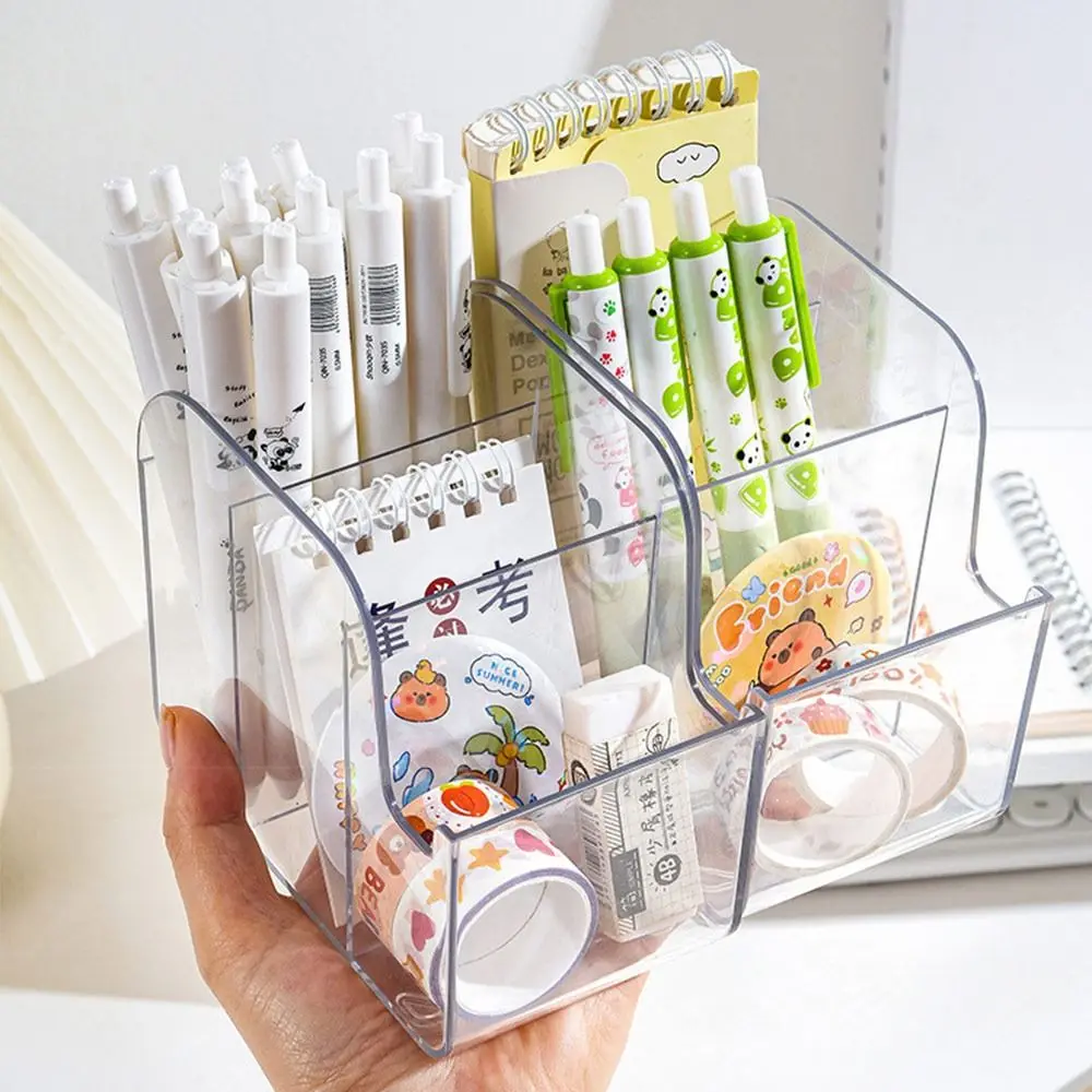 New Transparent Desk Stationery Storage Box INS Style 3 Grids Pen Holder Large Capacity Pencil Container