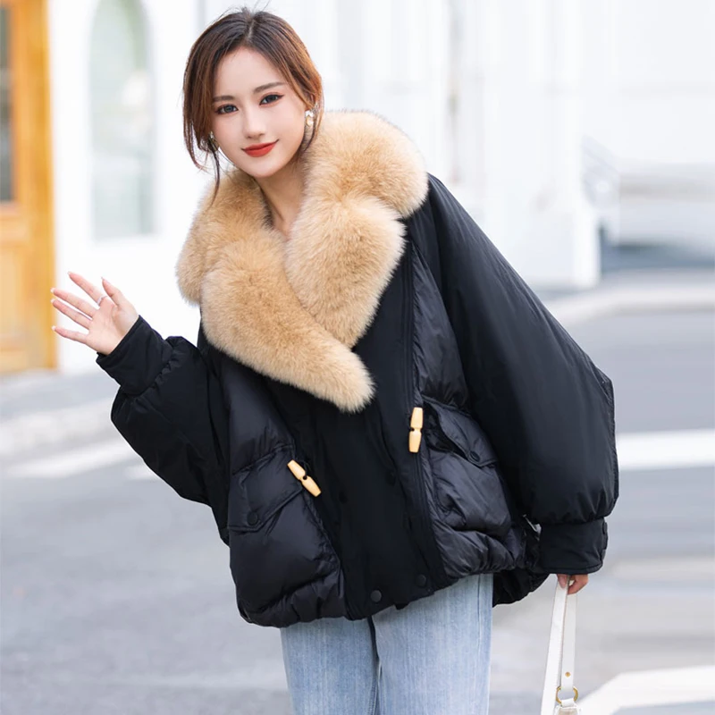 2023 Down Jacket Women's Removable Fox Fur Collar Medium Length Casual Loose Drawstring Big Pocket Warm Real Fur Coat Female