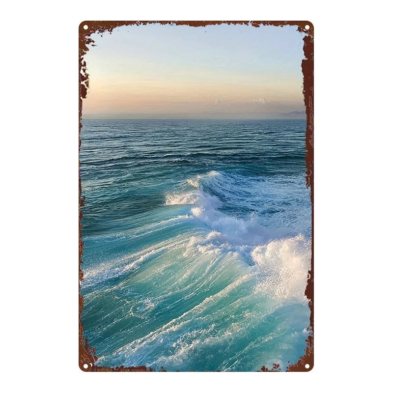 2D Flat Metal Sign, Ocean Wave Wrought Iron Decorative Painting, Ocean Art Wall Decor, Tin Plate Hanging Home Decoration