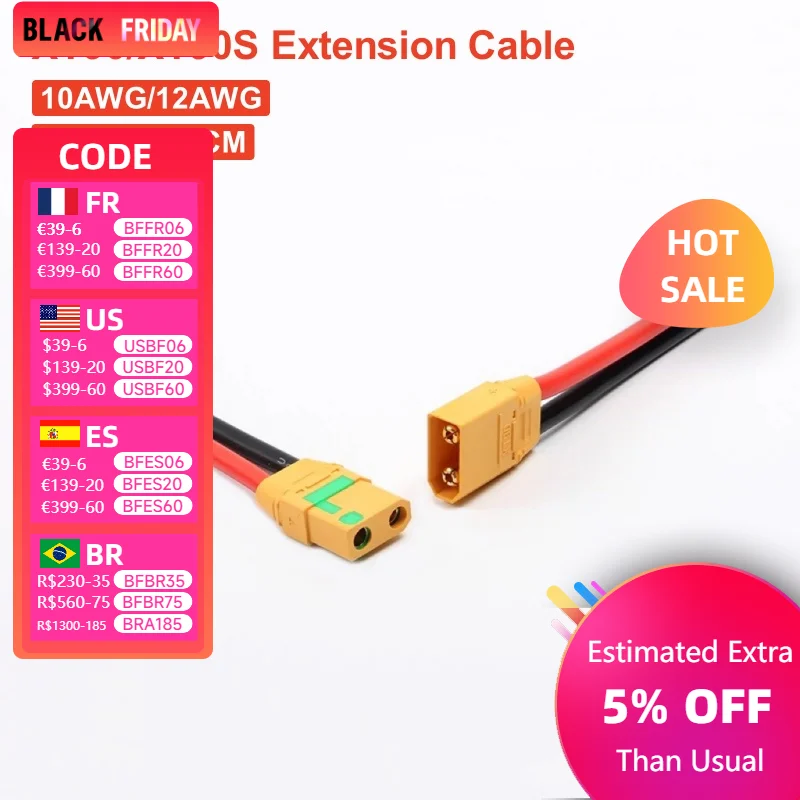 XT90 XT90S Aircraft model lithium battery male female connectors XT90-S Anti-Spark plug 10/12AWG 10/20/30/50CM