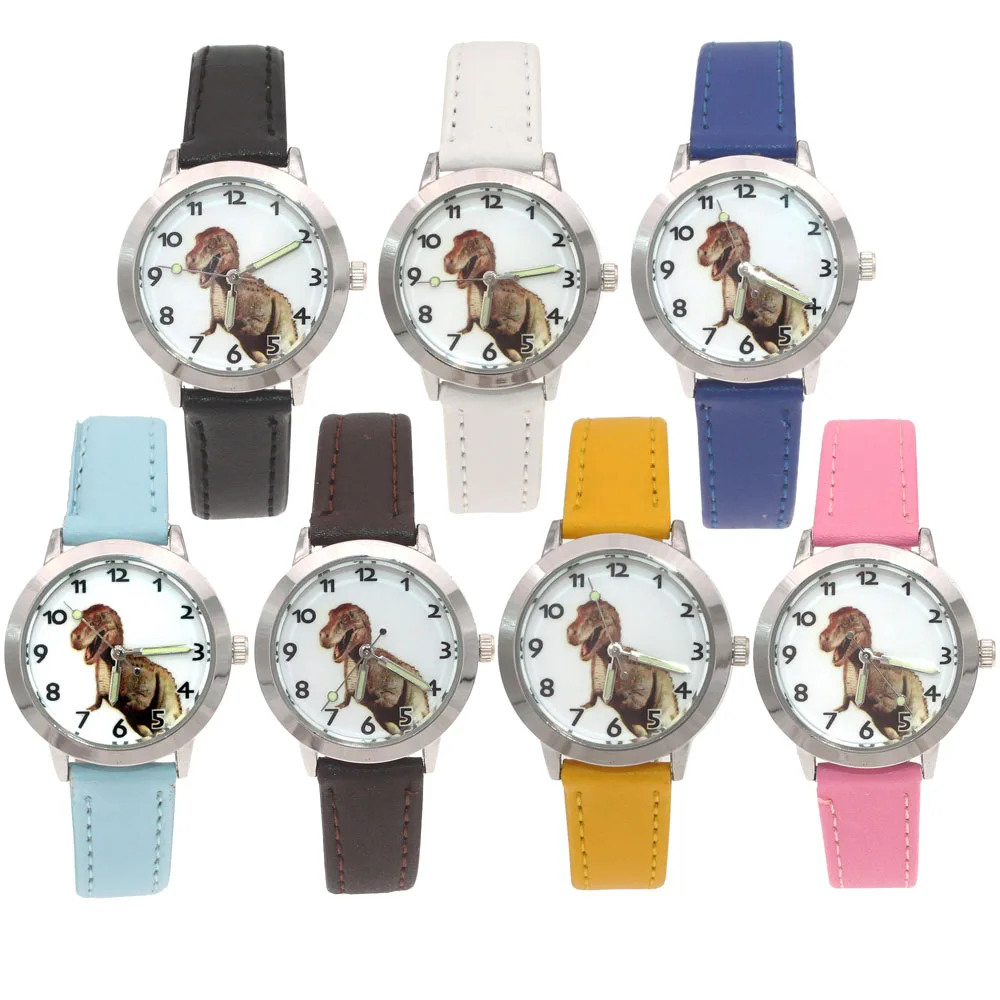 Montre à quartz décontractée en cuir avec cadran dinosaure pour enfants, montre habillée de dessin animé pour garçon, cadeau pour fille, haute qualité, 7 pièces