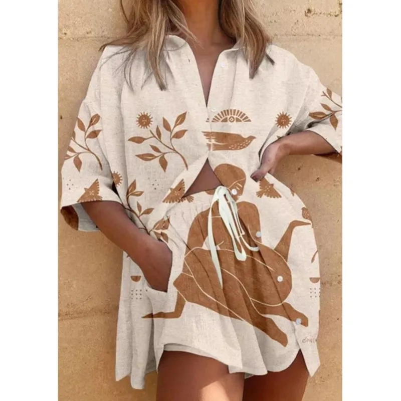 ผู้หญิงสบายหลวมกางเกงขาสั้นชุดฤดูร้อนพิมพ์เสื้อลําลองแขนสั้น + กางเกงขาสั้นขากว้าง 2 ชิ้นชายหาดสวมชุดหญิง