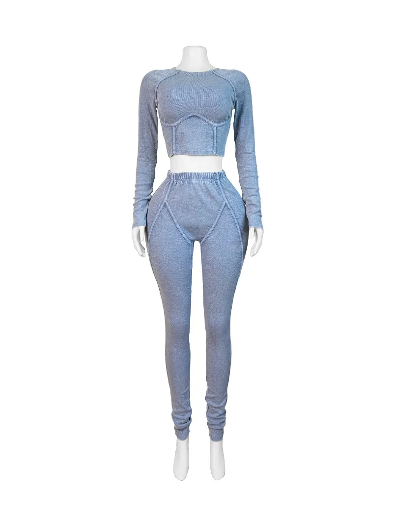 2024 Autumn Women Solid Cotton Ribbed Two Piece Set Tracksuits Long Sleeve Crop Tops + High Waist Skinny Pants Fitness Suits