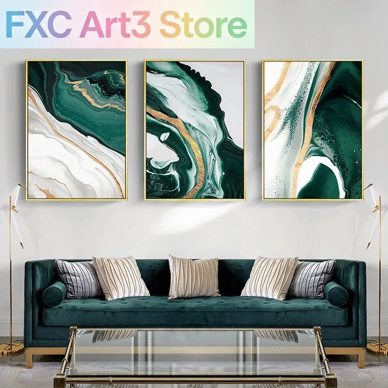 1pc frameless,Modern Marble Abstract Green Lines Gold Foil Light Luxury Nordic Wall Art Canvas Painting Posters Picture Living R
