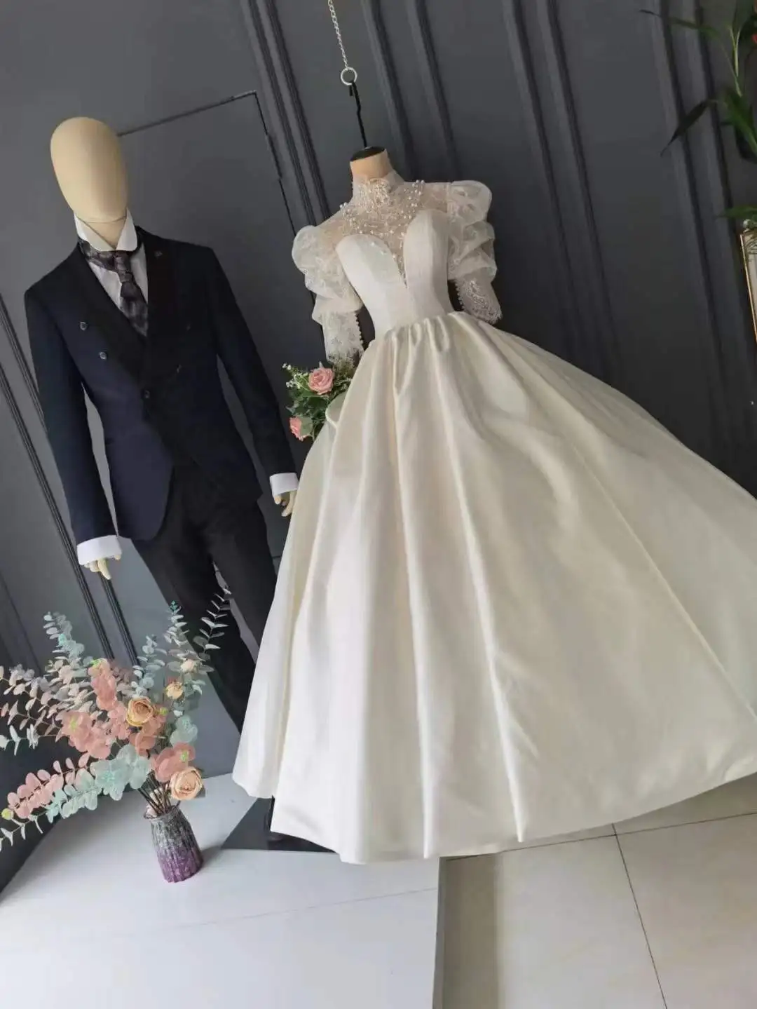 Женское атласное свадебное платье CloverBridal, с рукавом 3/4 и высоким воротником, модель WW8281, 2022