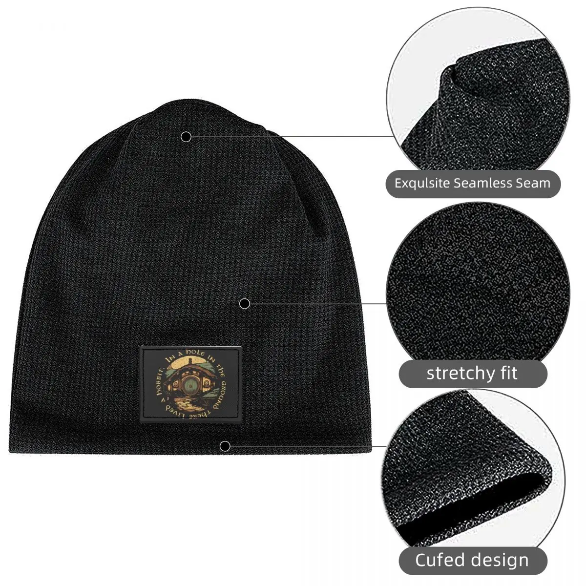 In A Hole In The Ground There Lived A Hobbit Waffle Knit Fleece Lined Beanie with PU Leather Patch Unisex Warm Winter Soft Cap