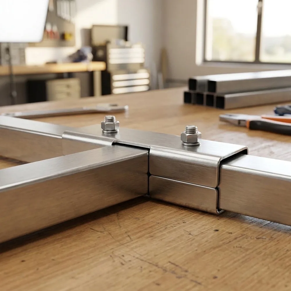 Square Tube Straight Tee Joint 4pcs Made of 201 Stainless Steel for 25x25mm and 30x30mm Frame Assembly Applications