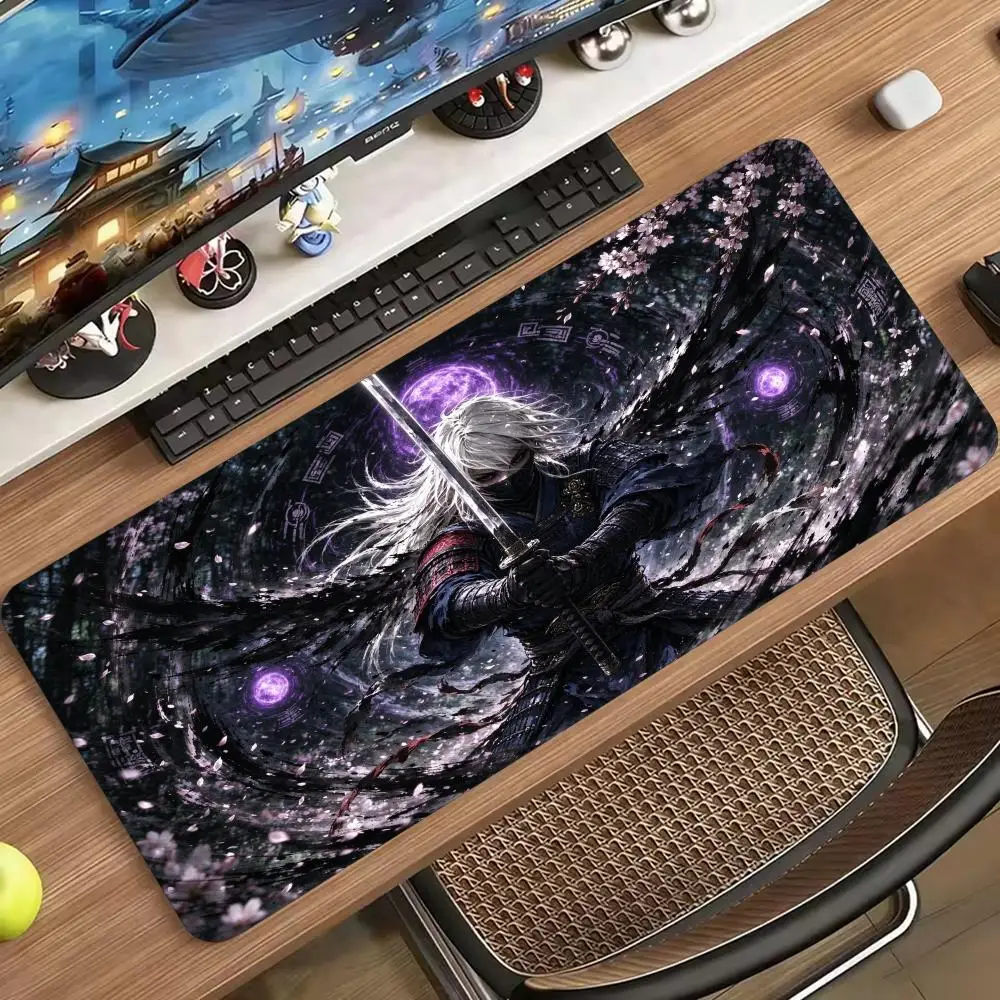Waterproof Non Slip Rubber Base White Haired Samurai Sakura XXL Gaming Mouse Pad Stitched Edge Desk Mat for PC Laptop Office