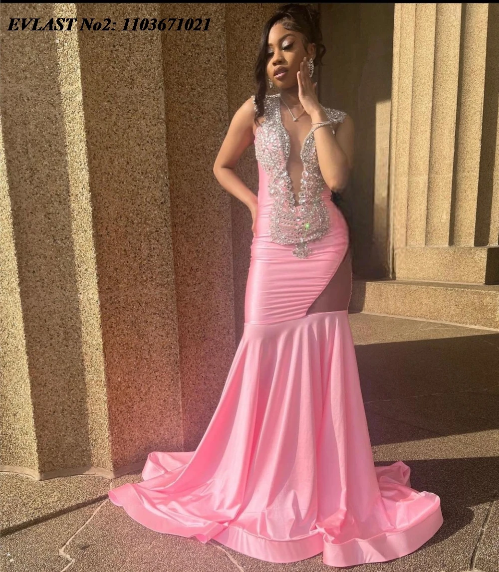 EVLAST Customized African Pink Crystal Prom Dress Rhinestones Mermaid Black Girls Birthday Evening Dress Formal Party Gown E2P99