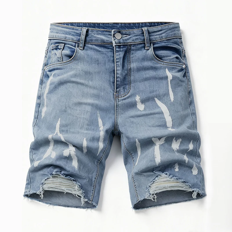 

Summer Men's Stretch Jeans Shorts Light Wash Frayed Paint Print Ripped Destroyed Knee Length Denim Shorts Hip Hop Hole Jorts