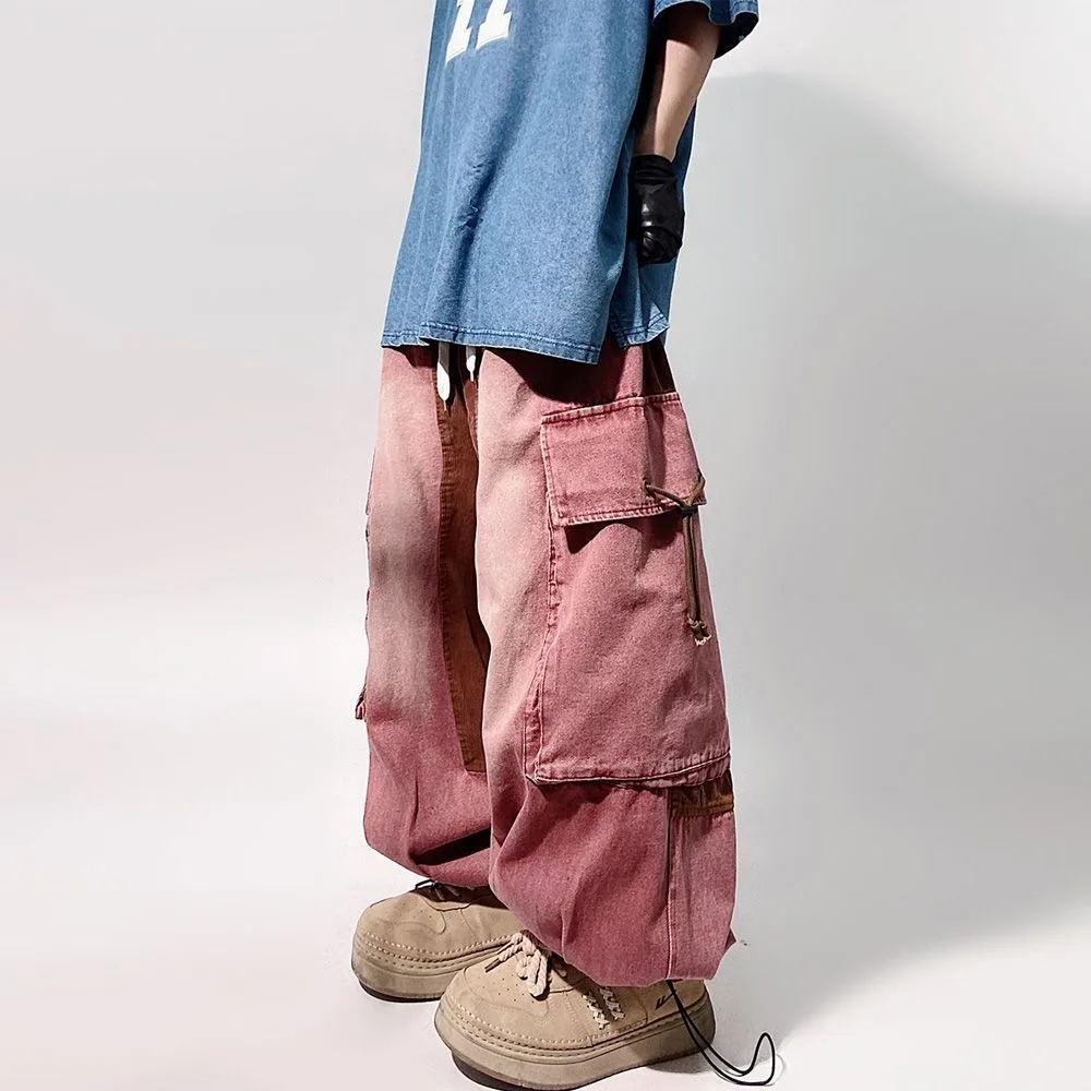 ARENS Hip Hop High Street Fashion Jeans Ankle-Tied Loose Wide Leg Sports American Retro Multi Pocket Wide Leg Pink Leggings.