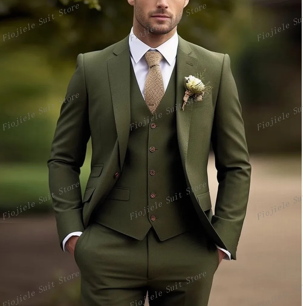 

Army Green Men Suit Formal Occasion Business Tuxedos Groom Groomsman Wedding Party Prom Male 3 Piece Set Blazer Vest Pants