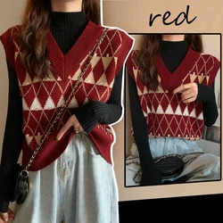 Womens Red Plaid Knitted Vest V-neck Waistcoat Sleeveless Jumper Sweater Tank Top Female Outerwear