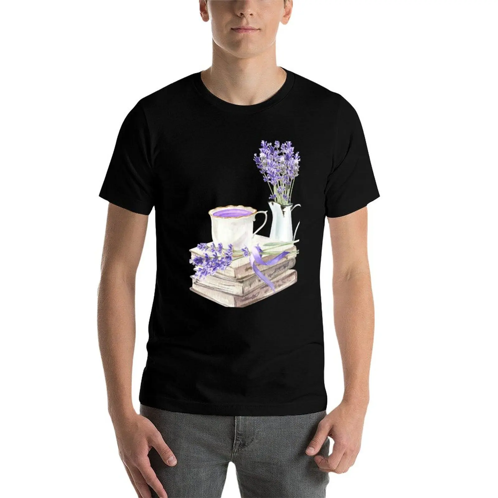 

Book and Lavender with Cup of Coffee or Tea T-Shirt cotton t shirt pack man t shirt designer T-Shirt