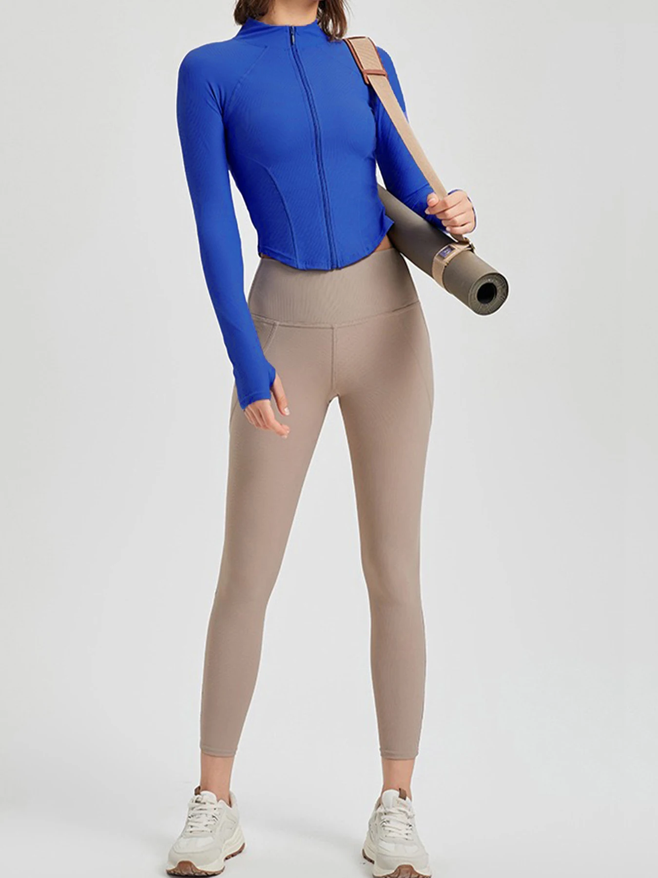 سترة رياضية جديدة ذات ياقة واقفة للتخسيس، سترة رياضية ضيقة للجري، كاجوال، سحاب لليوجا، مقاس ضيق، أكمام طويلة للياقة البدنية #3