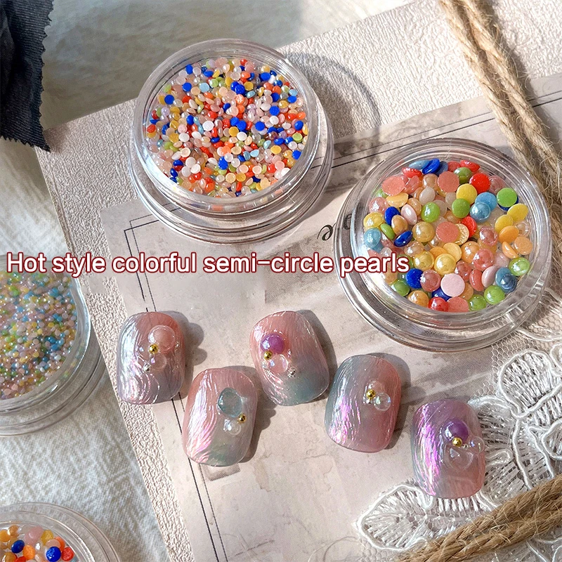 1Box Round Colored Pearls Nail Beads Nail Charms Nail Jewels Half Round Pearl Gems DIY Nail Art Deco