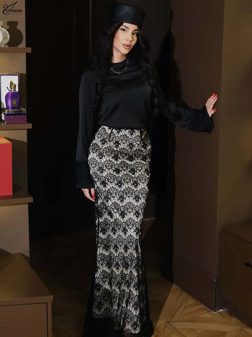 

Oymimi Fashion Black Nylon Two Piece Outfits Woman Elegant O-Neck Long Sleeve Blouses And High Waist Straight Lace Skirts Sets