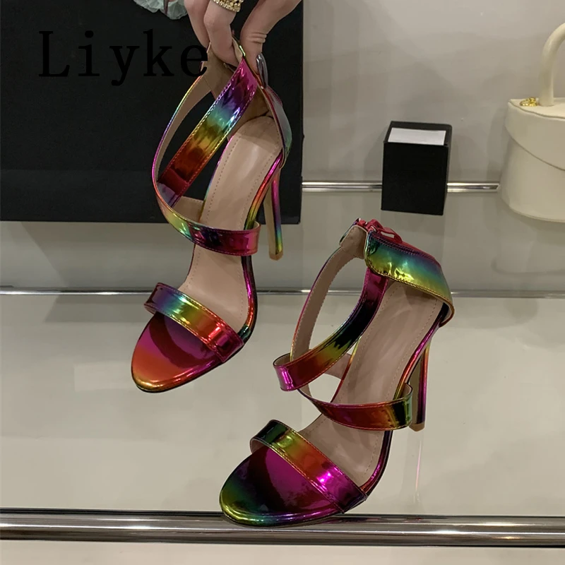 

Liyke Sexy Zip Cover Strap Sandals Women Rainbow Colour Patent Leather Open Toe Thin High Heels Wedding Banquet Shoes Size 42