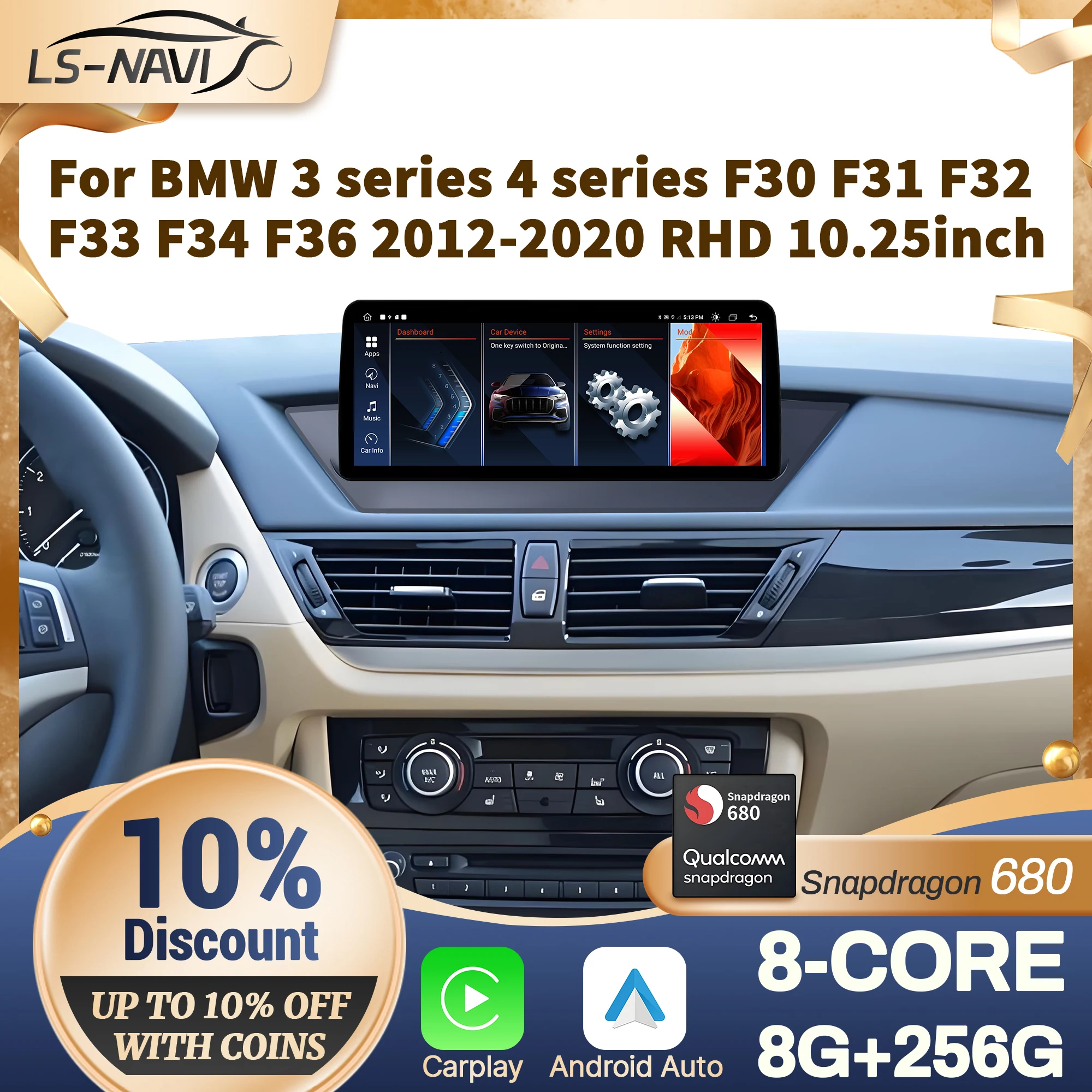 

10,25-дюймовый RHD для BMW 3 серии 4 F30 F31 F32 F33 F34 F36 2012 2013 2014-2020 Автомобильный радиоприемник BT Carplay Snapdragon 680 Экран