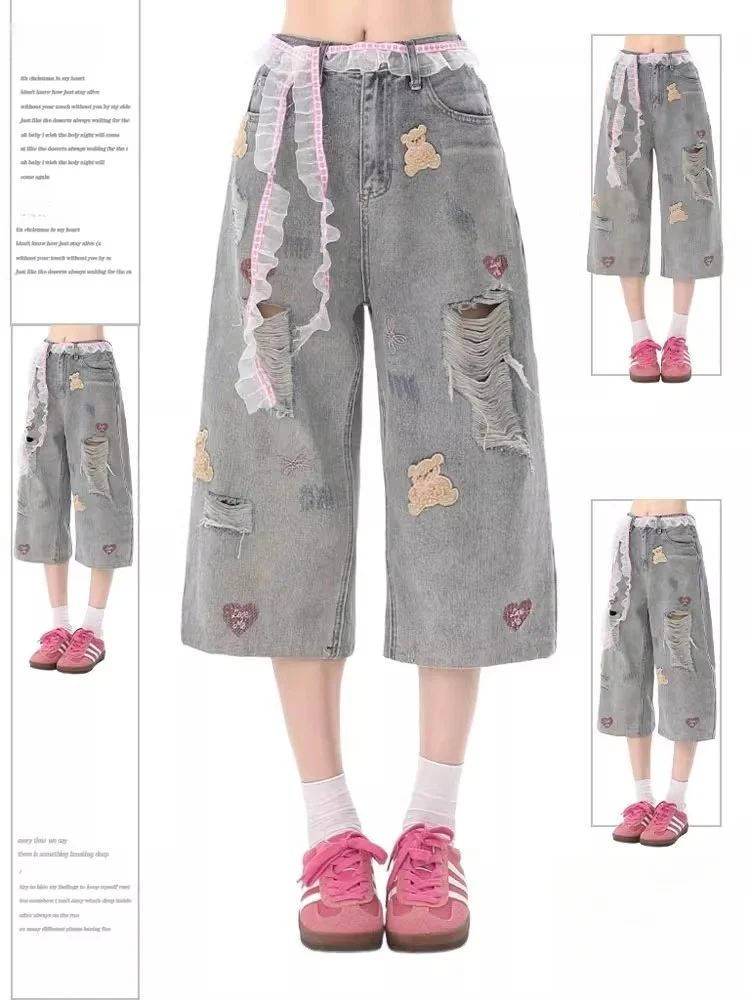 

Джинсовые брюки с рваным медведем и вышивкой. Женские свободные утягивающие брюки большого размера, модные брюки на семи футов, повседневные широкие брюки с высокой талией.