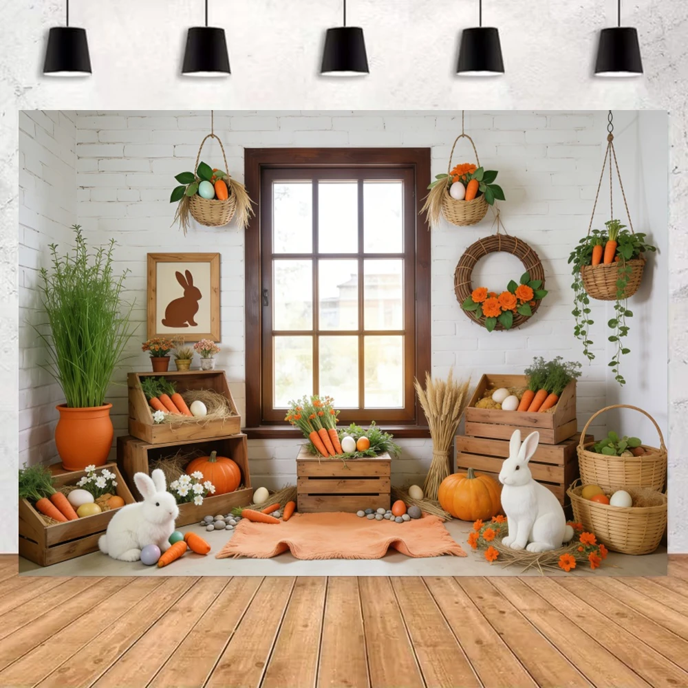 Spring Bunny Easter Background for Photography Indoor Window Carrot Arch Floral Kids Family Portrait Background Photo Booth Prop