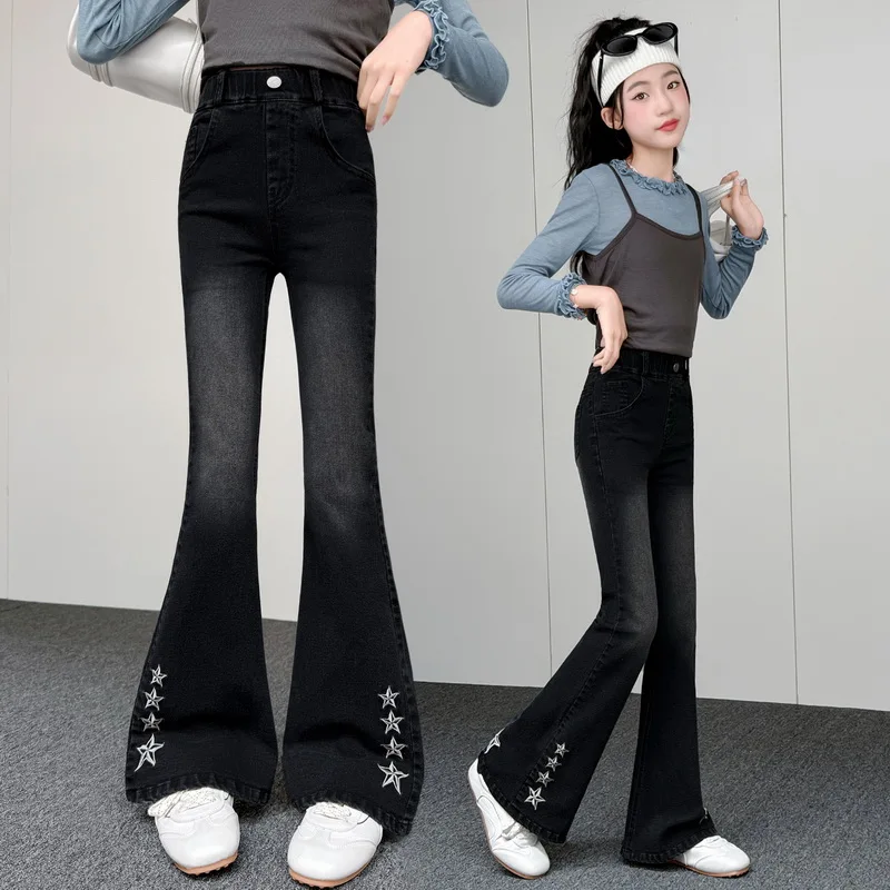 Kids Slim Fit Stylish Bell Bottom Flared Jeans with Star Embroidery for Tweens Girls Elegant Boot Cut Denim Pants Child Trousers
