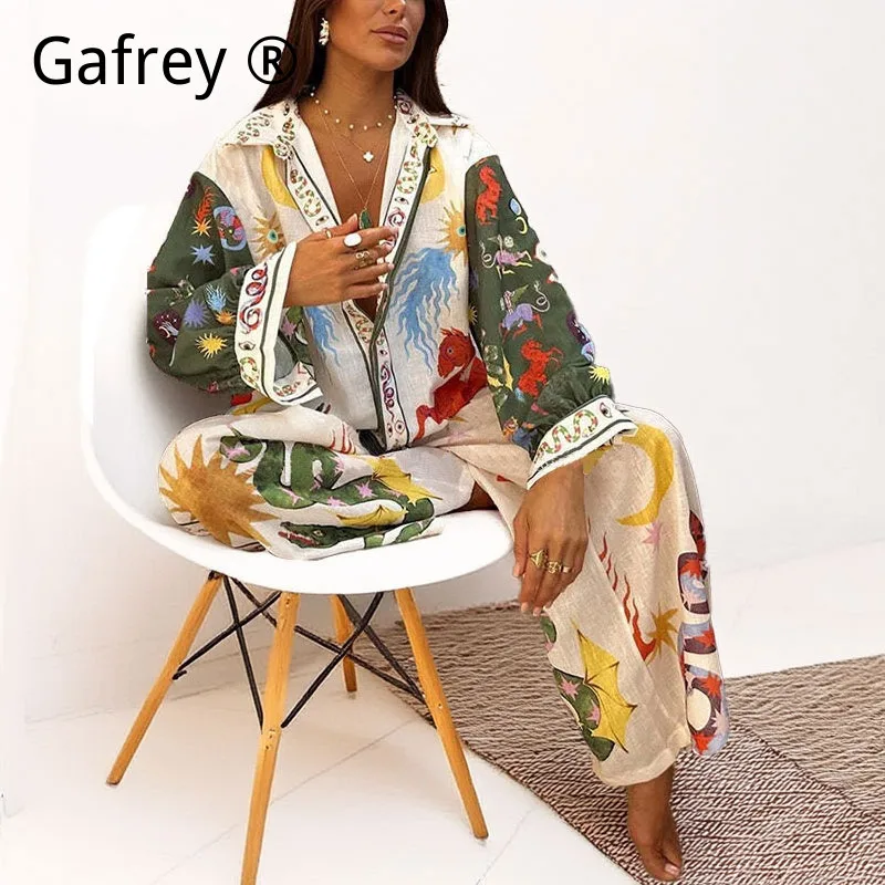 

Women Fashion Printed Shirt Wide Leg Pants Set Casual Loose Oversized Two Piece Suit Palazzo Trousers Blouse Street Vacation New