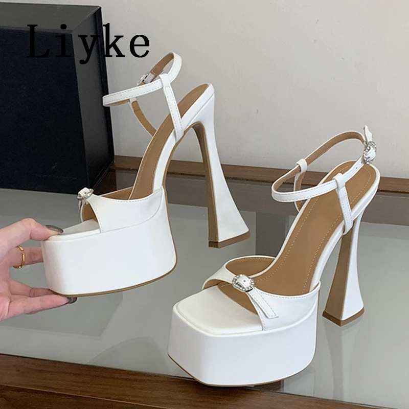 Liyke New Fashion Crystal Buckle Ankle Strap Platform Sandals Women Square Head White High Heels Wedding Banquet Shoes Size 40 image 6
