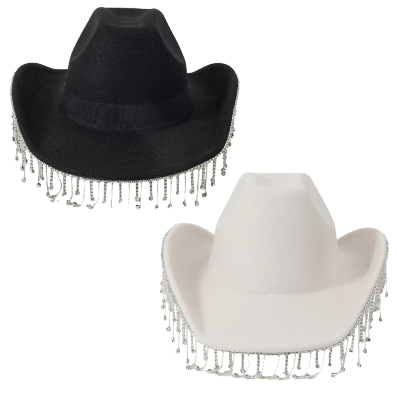 Adult Cowboy Hats with Shinning Rhinestones Tassels for Woman Western Cowboy Hat Model Show Cowboy Hat with Chin Strap