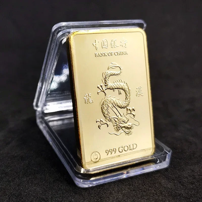 1Pcs 999 1oz China Wind Country Dragon Gold Bar Commemorative Coin Yin Yang Dragon Tiger Square Coin Gold Plated Gold Bar