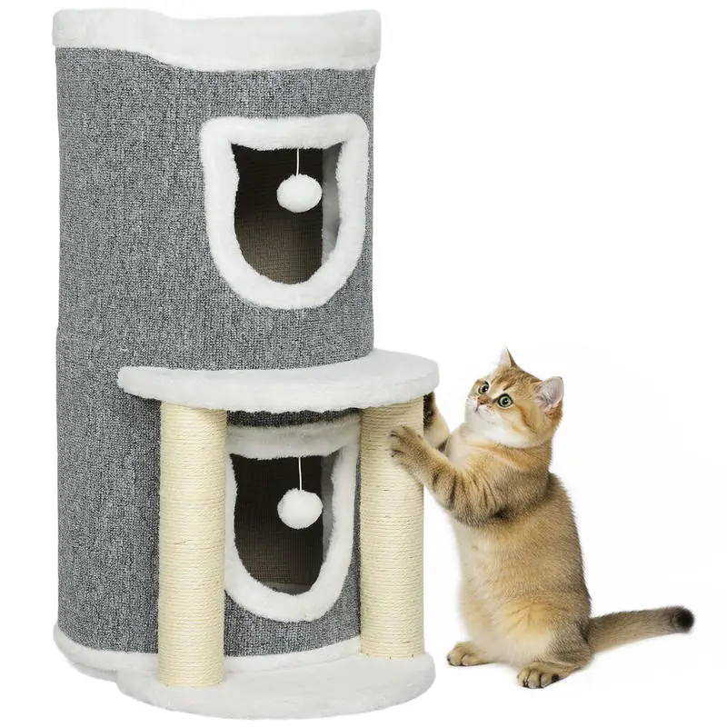 Albero Tiragraffi per Gatti Alto 76 cm con Casette, Lettino, Palline e Pali in Sisal, Grigio