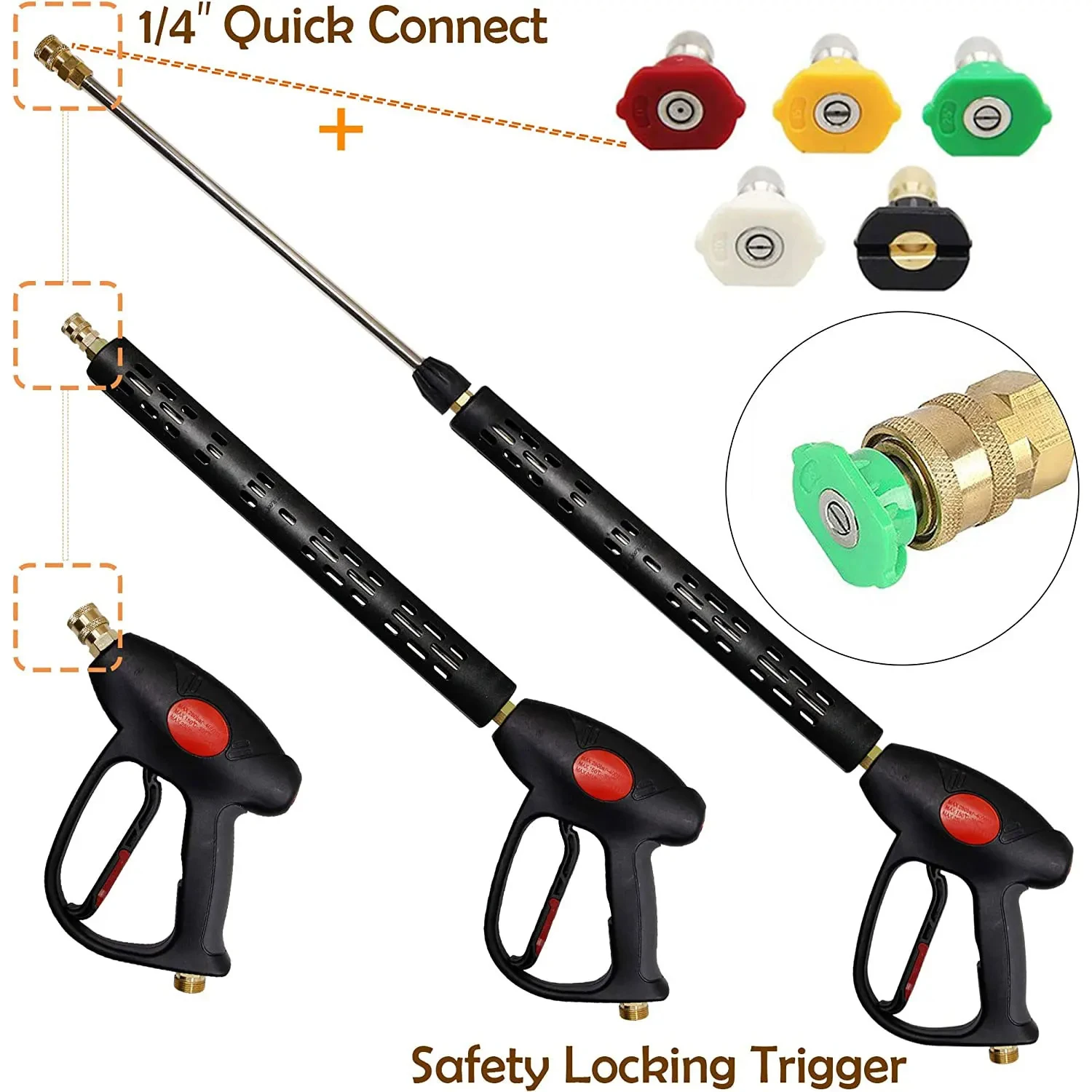 Replacement Pressure Washer Gun with 16 Inch Extension Wand, 4000 PSI, Power Washer Gun with M22-15mm or M22-14mm Fitting, 5 Noz