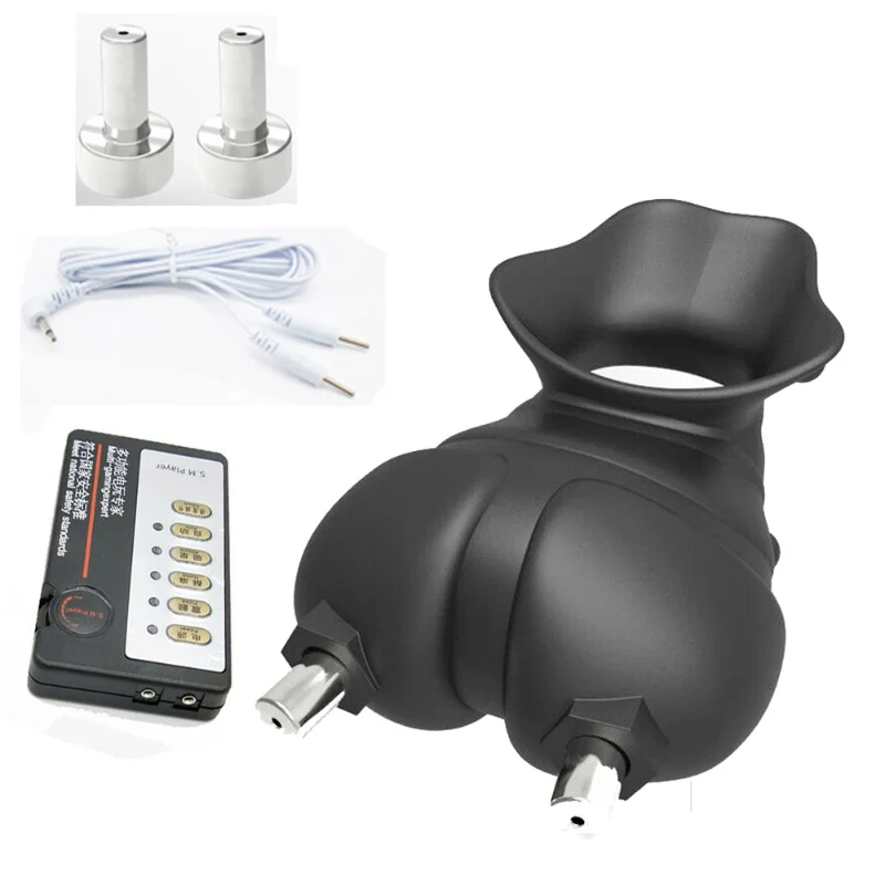 Male TPR E-stim Electric Shock Ball Stretcher Cock Ring Penis Scrotum Stimulate Sleeve BDSM Bondage Chastity Cage Sex Toys Men