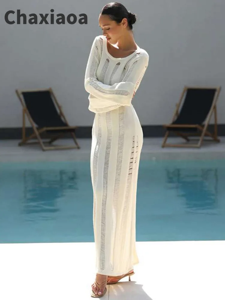 Chaxiaoa-maxivestido Sexy de punto de manga larga con espalda descubierta para mujer, vestido largo elegante con agujeros para fiesta y discoteca