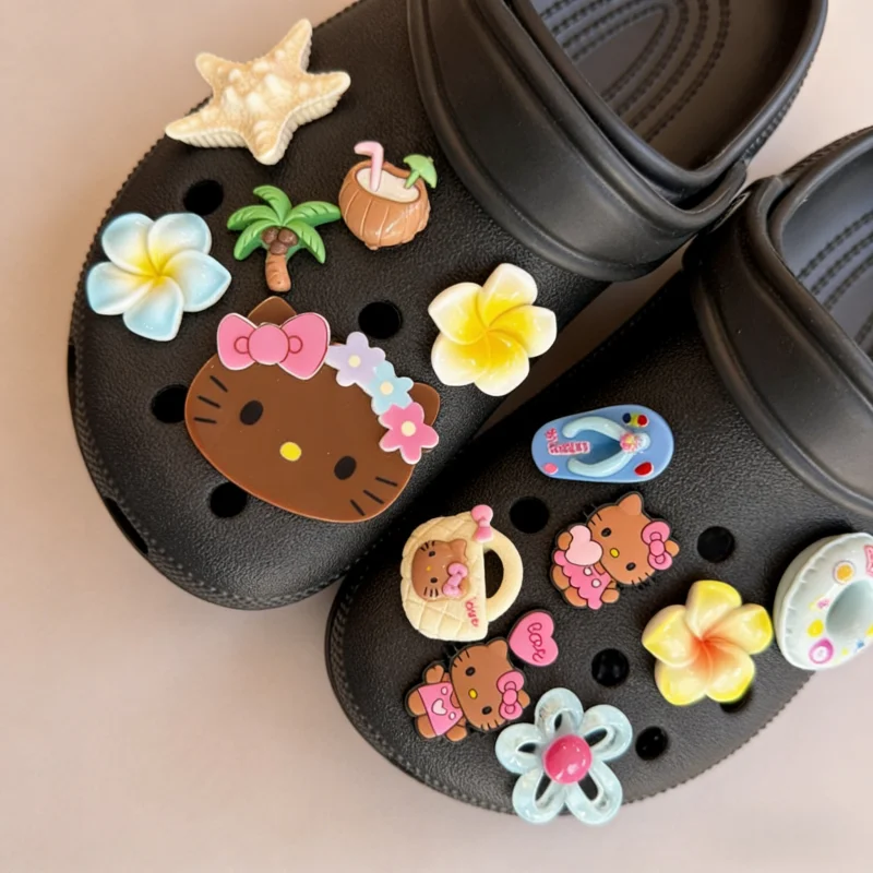 13PCS Cute Tropical Hello Kitty Shoes Charms Set Beach Coconut Flower Shoe Accessories PVC Clog Decorations for Sandals