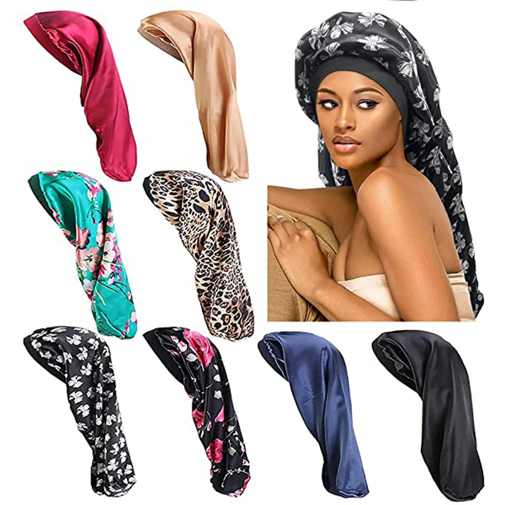 Elastic Wide Edge Satin Bonnet Long Hair Hat Sleeping Hats Wrap Night Cap Curls Reversible Women Men Heating Cap Hair Accessory