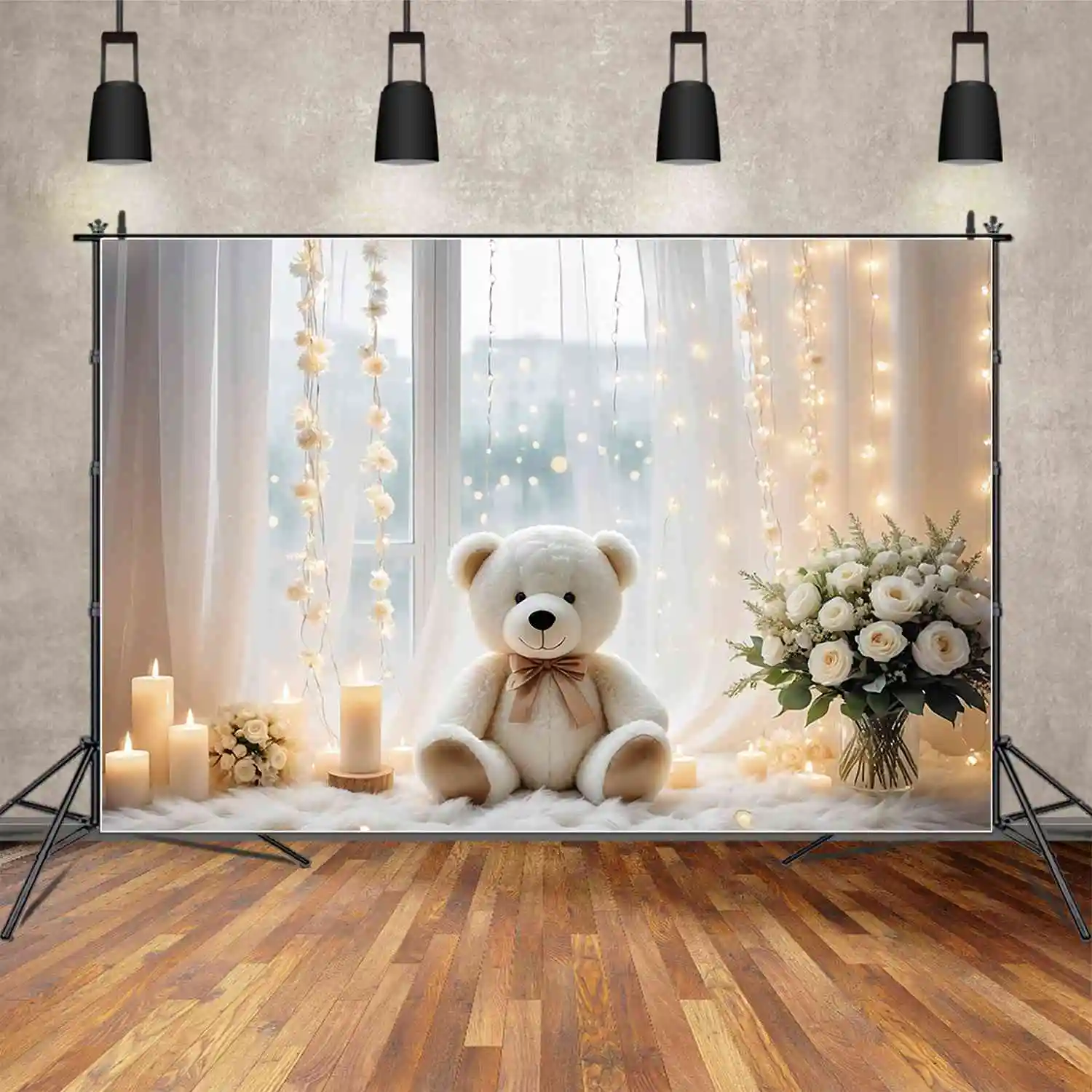 

MOON.QG Teddy Bear Birthday 1 Year Backdrops Children Draping Cloth Pink Lights Background Party Decoration Photocall Supplies