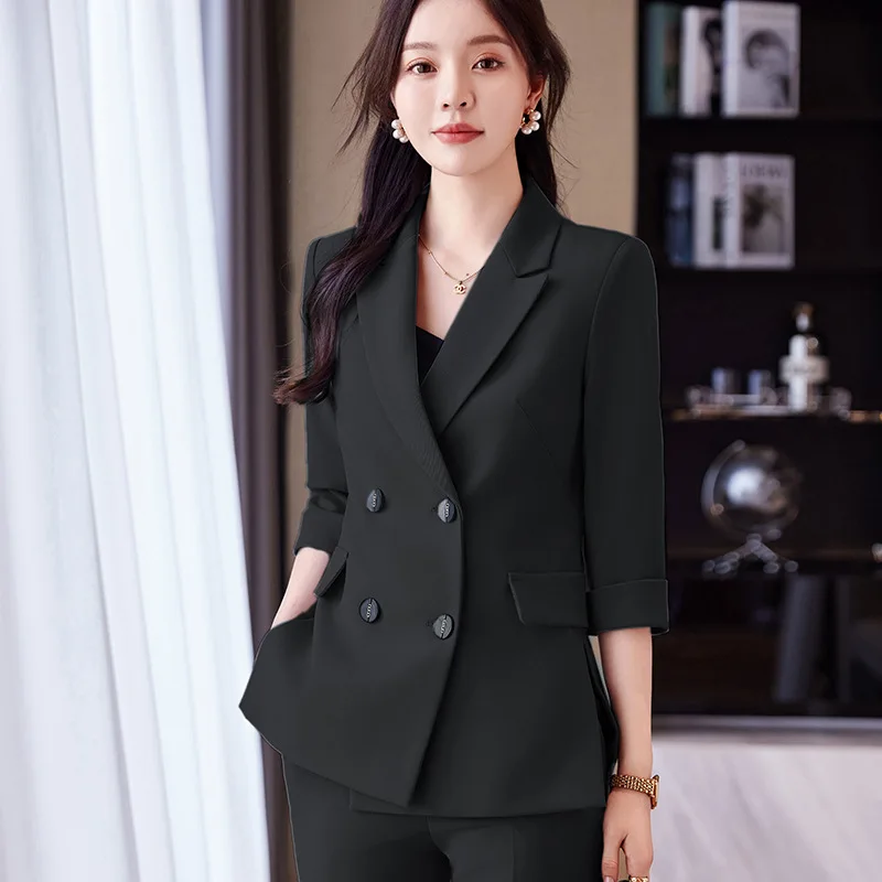 Double Breasted Suit Women's Spring New Business Suit Formal Wear High Sense 3/4 Sleeve Suit Work Clothes Leggings