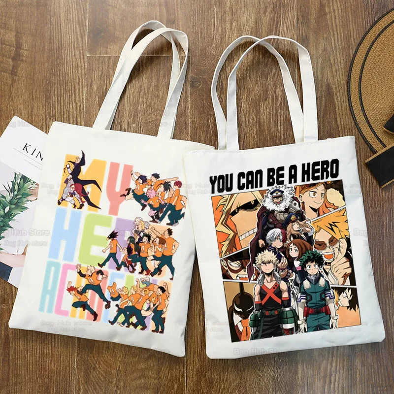 My Hero Academia-Bolso de mano de lona de tela Midoriya Izuku, bolso de compras de viaje ecológico reutilizable, bolsos de hombro Bakugou Anime Shopper