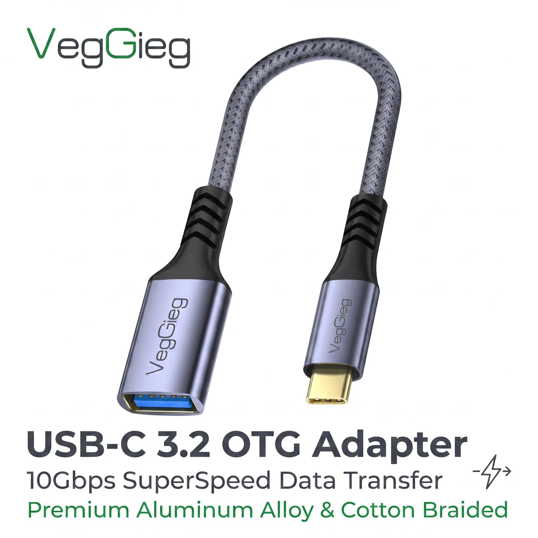 `VegGieg USB C 3.2 OTG Adapter Cable 10Gbps USB-C Male to USB A Female Braided OTG Cord for Phone Laptop SSD`