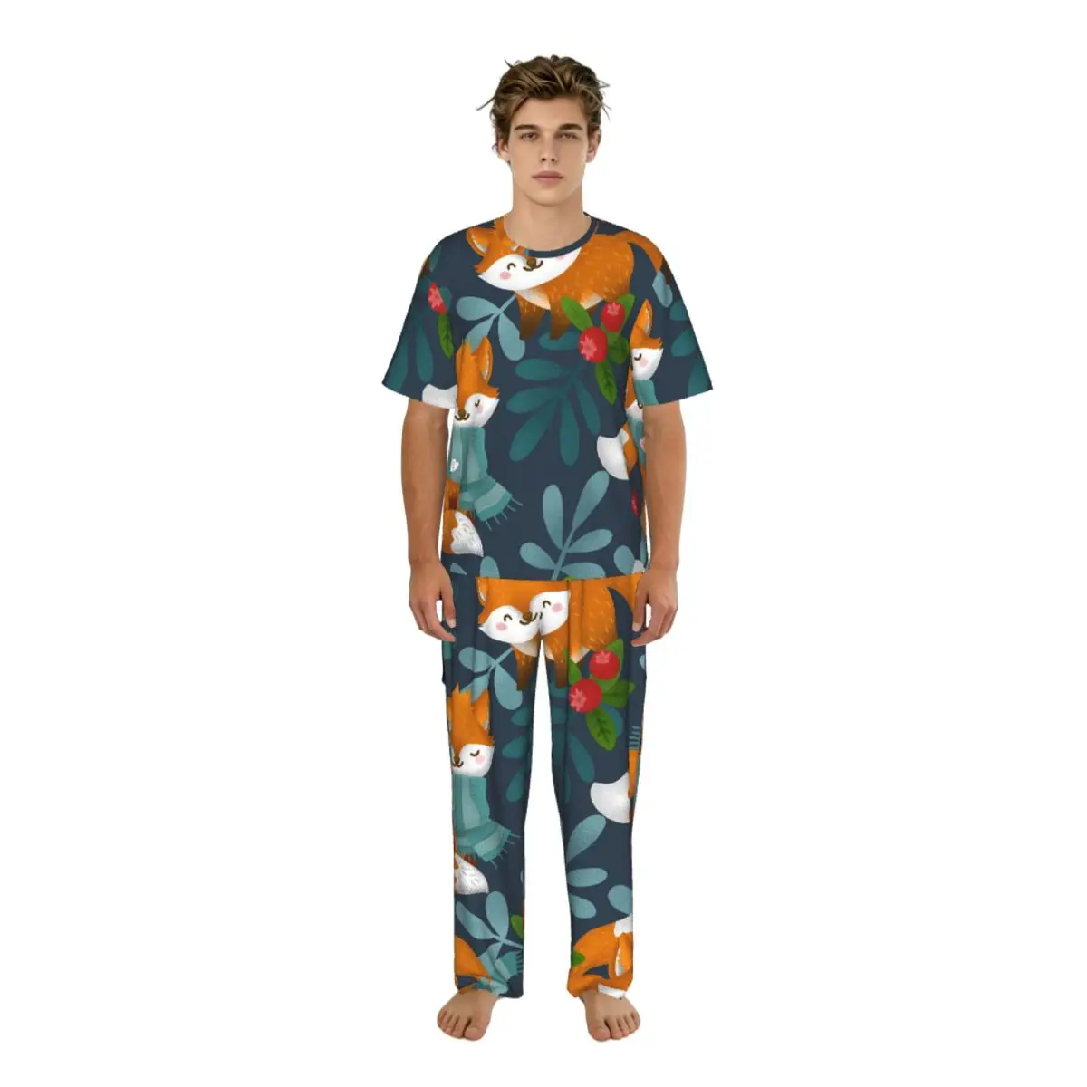 Sleepwear Summer Spring Home Clothes Winter Forest Animal Of Fox Short Sleeve Long Pant Nightwear