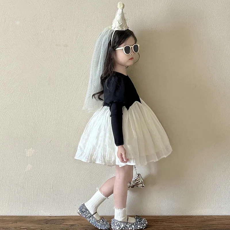 

Length Sleeves Flared White Chiffon Tulle Skirt for Children Cute Kid Girl Long Sleeve Cotton Blend Dress Black Round Neck Puffy
