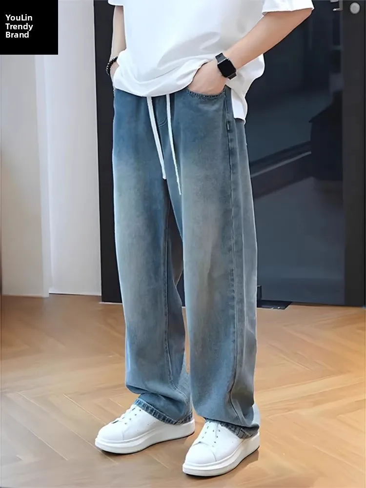 

Retro Blue Washed Straight Leg Jeans Men's Summer American High Street Vibe Loose Wide Leg Casual Pants Cleanfit Style