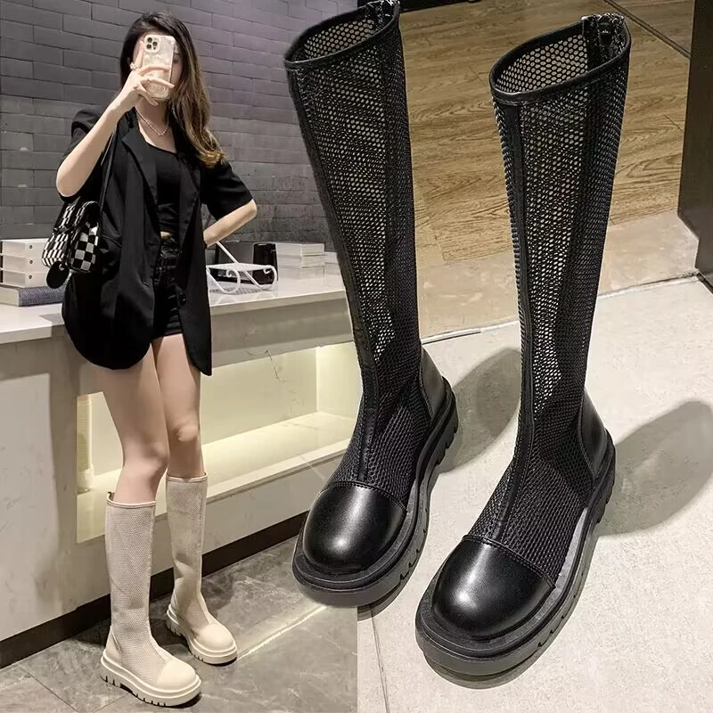 

Breathable Knit Line Women's Mesh Boots Middle Follow Round Head Summer Knee High Boots Sandal Boots Fashion Sandalias De Mujer