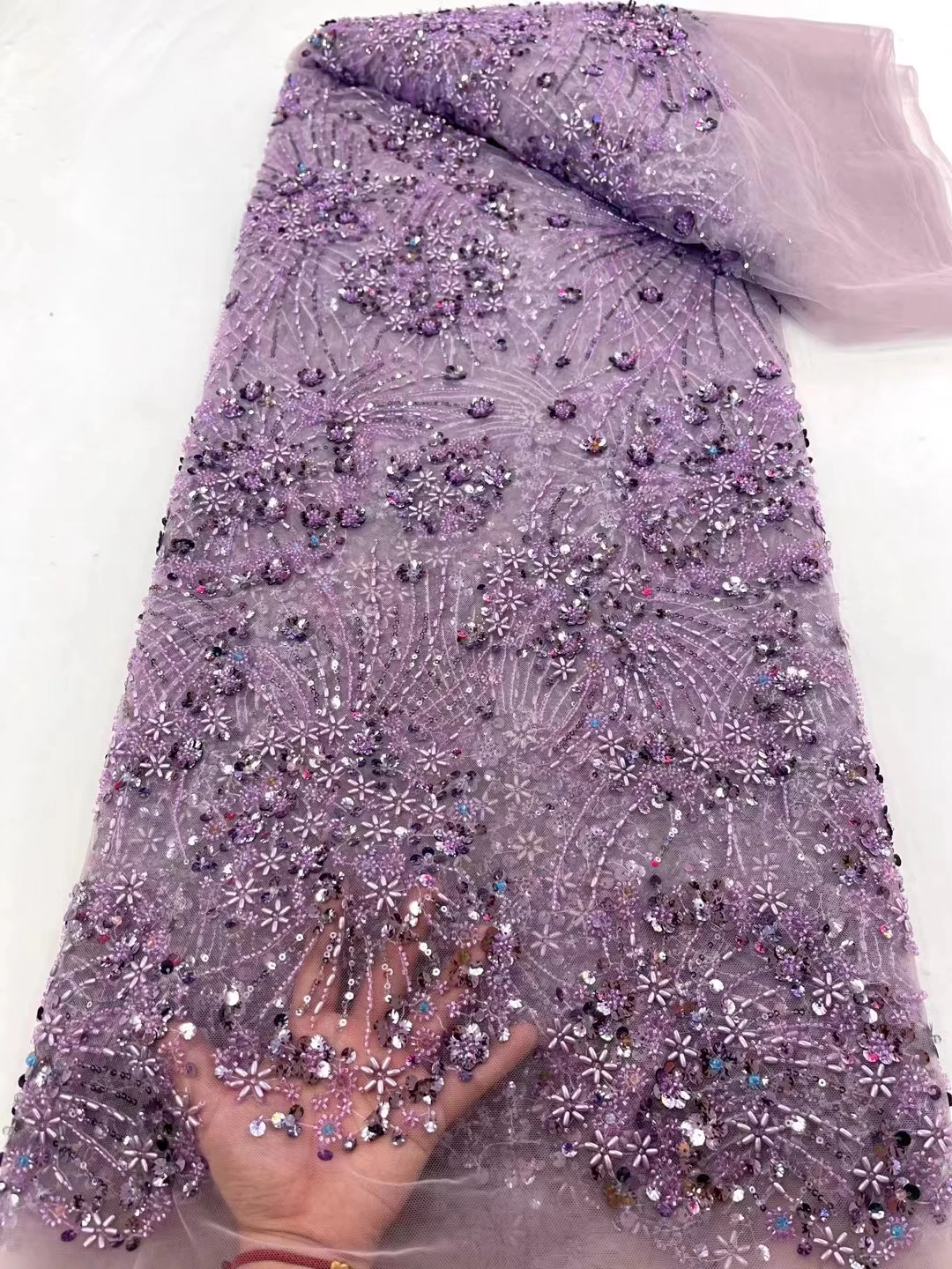 

High Quality Tube Beads African Lace Fabric 2024 French Net Sequins Fabric Sewing Embroidered Lace Tulle Nigerian Lace Fabric xc