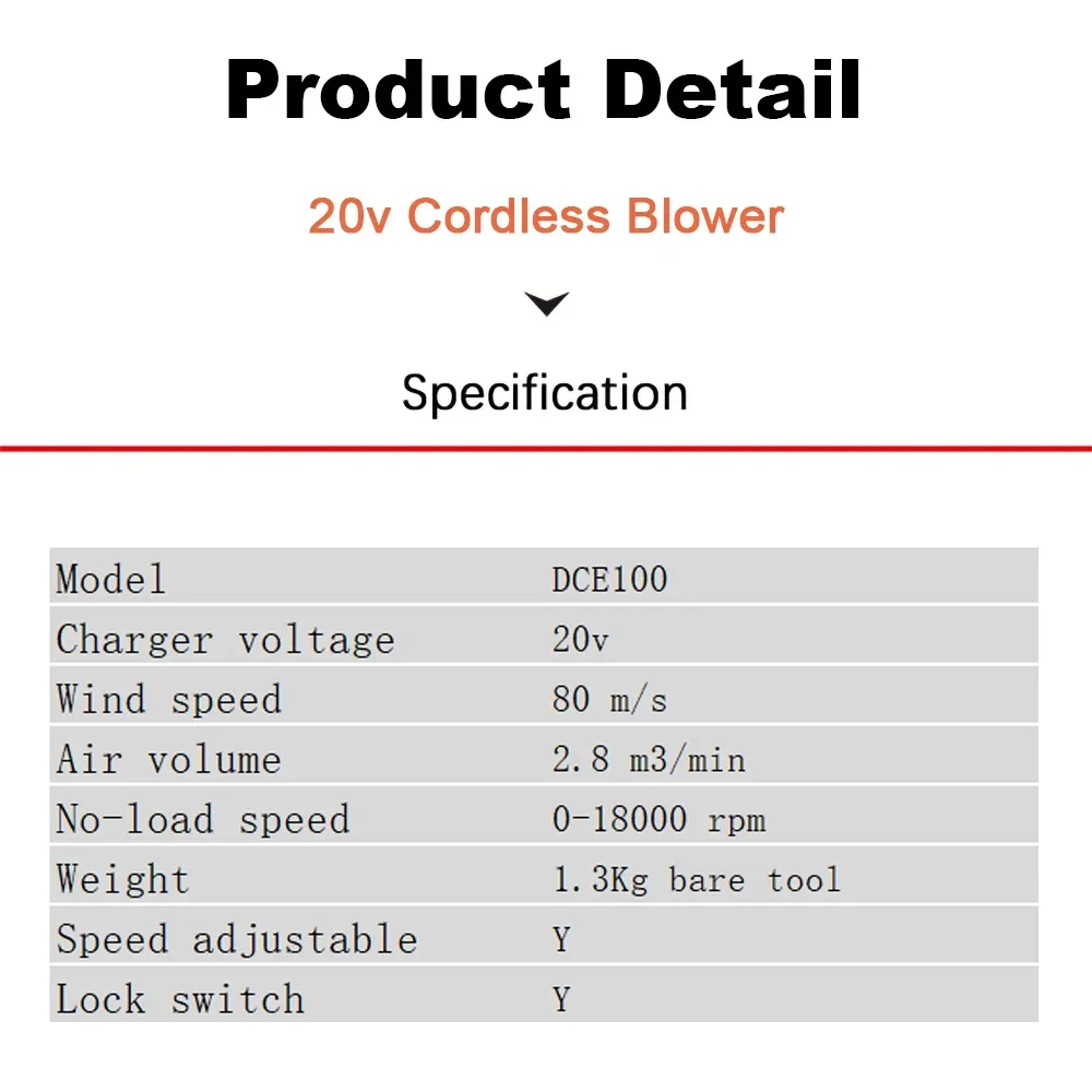 Dewalt DEC100 Wireless Air Blower Rechargeable for Jobsite 18000rpm 80m/s 2.8Cubic Meter Per Min Universal 20v and 18v Battery